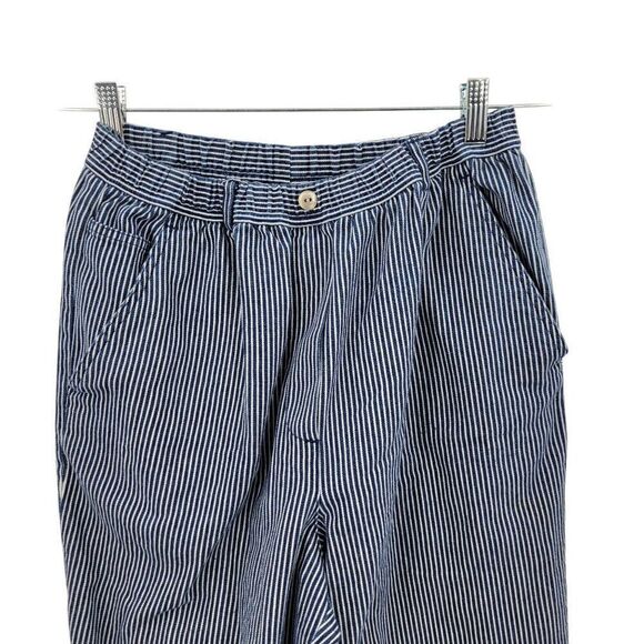 Vtg Petite Blue White Engineer Striped High Waisted Crop Pants PS Elastic Waist - Picture 4 of 9
